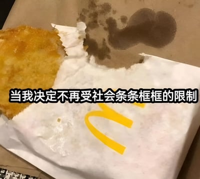 图片展示了一个咬了一口的麦当劳薯饼放在打开的包装中，薯饼呈现金黄色的酥脆外观。包装内侧有一个不规则的棕色污渍，形状酷似一个正在奔跑的人影。图片上叠加了一行中文文字："当我决定不再受社会条条框框的限制"，通过污渍与人影的视觉巧合，形成了幽默的对比效果，暗示摆脱束缚后的自由状态。