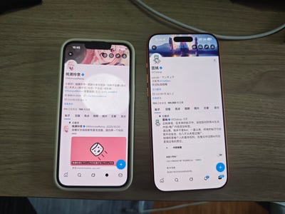 这张图是现实拍摄的两部智能手机屏幕，两部手机均展示X（原Twitter）平台的用户主页：左侧为用户桃濑玲奈的主页，包含其个人简介、关注数据，以及一条关于设置匿名信箱的置顶动态；右侧为用户雲鸠的主页，包含其多语言简介、关注数据，以及一条关于AI生成内容标注承诺的置顶动态，整体画面清晰呈现了两个社交媒体账号的公开信息。