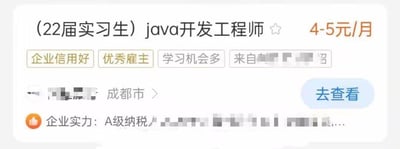 这是一则招聘信息的网页截图，展示的是面向22届实习生的Java开发工程师岗位，工作地点位于成都市，该招聘企业标注为A级纳税人，带有“企业信用好”“优秀雇主”“学习机会多”的标签。最引人注意的是薪资栏标注为“4-5元/月”，这个薪资标准严重不符合职场招聘的正常行情，明显是输入错误，合理推测应为“4-5千元/月”，这种低级错误会让求职者觉得十分离谱、滑稽。