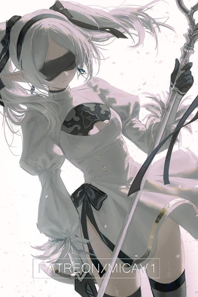 这是一幅风格化的二次元原创插画，画面主体是一位蒙着黑色眼罩的白发精灵女性，她扎着系有黑色蝴蝶结的双马尾，发丝随风飘动。身着带有雕花镂空设计的白色立领长裙，搭配黑色高领内搭、手套与腿饰，手持一根造型精致的法杖，姿态肃穆，整体氛围清冷又充满神秘的战斗感。画风细腻柔和，背景为简洁的浅色调，最大程度突出人物主体。