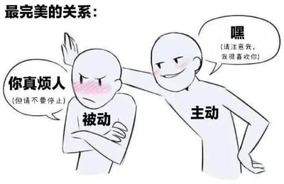 这是一张描绘'最完美的关系'的线稿风格卡通静态图。图中两个 stick figure 角色分别标注为'主动'和'被动'。主动角色面带微笑、脸颊泛红，伸手搭在被动角色肩上，说'嘿（请注意我，我很喜欢你）'；被动角色双臂交叉，表情略带恼怒却同样脸红，回应'你真烦人（但请不要停止）'。整体通过俏皮的对话和表情，展现了一种亲密又充满张力的互动模式，暗示了关系中主动与被动方的有趣动态。