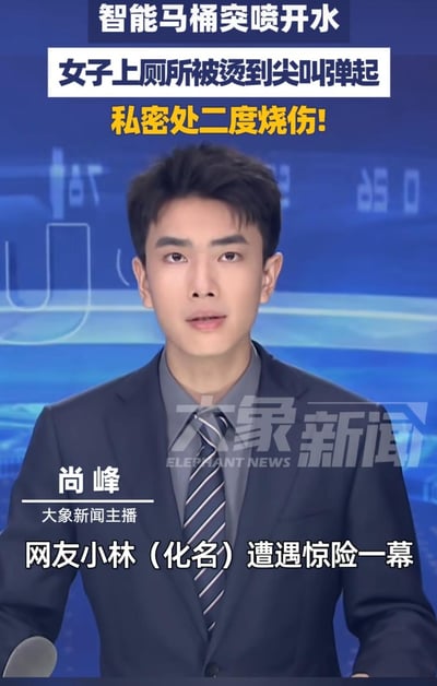 这是一张新闻播报截图，画面中是大象新闻主播尚峰正在播报一则关于智能马桶安全事故的新闻。主播身着深色西装，表情严肃，背景为蓝色新闻演播室布景。屏幕上方有醒目的新闻标题："智能马桶突喷开水 女子上厕所被烫到尖叫弹起"，下方配有黄色强调文字"私密处二度烧伤!"，底部文字说明"网友小林（化名）遭遇惊险一幕"。