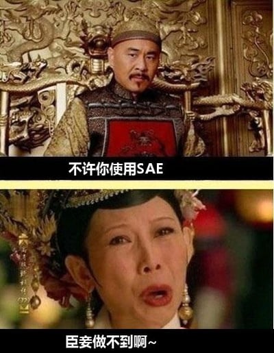 图片为上下两格拼接的《甄嬛传》剧照表情包。上格中，皇上身着龙袍端坐于金色龙椅之上，表情严肃，下方配文“不许你使用SAE”；下格是皇后特写，她头戴华丽凤冠，面露夸张的无奈与哀求表情，眼眶泛红，嘴巴大张，配文“臣妾做不到啊~”。通过将现代技术术语“SAE”（可能指某种工具或技术）与古代宫廷场景结合，利用皇后经典台词梗制造反差萌，幽默表达面对强制要求时的无力感。
