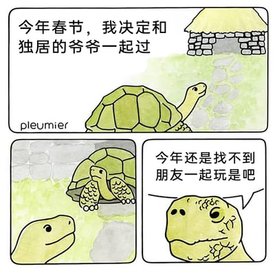 这是一幅三格连环卡通漫画，以拟人化的乌龟为角色，围绕春节场景展开搞笑剧情。第一格中，年轻乌龟怀着陪伴独居爷爷的想法，念叨着“今年春节，我决定和独居的爷爷一起过”，朝着爷爷的小屋爬去；第二格呈现年轻乌龟来到爷爷的小屋门口，露出期待的神情；第三格中，老年乌龟（爷爷）毫不留情地吐槽年轻乌龟“今年还是找不到朋友一起玩是吧”，直接拆穿年轻乌龟的真实处境，形成了温馨想法与现实吐槽的搞笑反差，用动物的视角调侃了部分人春节期间社交匮乏、只能投奔长辈的尴尬状况。