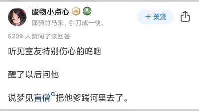 这是一张哔哩哔哩（B站）的用户回答截图，作者“废物小点心”分享了一则趣味生活经历：在听到室友睡梦中伤心呜咽后，醒后询问室友缘由，得知室友梦见游戏《英雄联盟》中的角色盲僧将自己的父亲踹进了河里，因此在梦中难过哭泣。该回答凭借游戏元素与生活趣事结合的反差感制造出搞笑效果，获得了5209位用户的赞同，作者的个人签名为“郎骑竹马来，引刀成一快。”