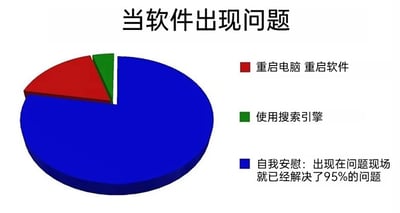 这是一张静态的3D饼图类图文混排梗图，标题为“当软件出现问题”，以夸张的占比呈现了人们遇到软件故障时的三种应对方式：占比最大的蓝色区域对应“自我安慰：出现在问题现场就已经解决了95%的问题”，调侃了很多人在遇到软件问题时，第一反应不是采取实际解决措施，而是先进行自我安慰的心态；红色区域对应“重启电脑 重启软件”，这是常见的尝试解决问题的操作；绿色区域对应“使用搜索引擎”，是查找解决方案的方式，占比最小。整张图用幽默的方式吐槽了职场或日常使用软件时的真实状态，属于自嘲类的职场梗图。