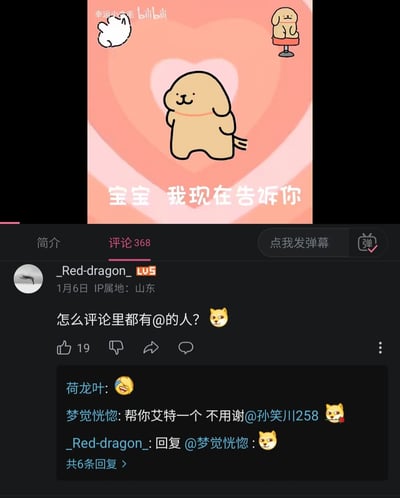 这是一张哔哩哔哩（B站）的视频评论区截图，视频上方是带有粉色爱心背景的原创卡通小狗动画，配文“宝宝 我现在告诉你”；评论区中，LV5用户_Red-dragon_（IP属地山东，发布于1月6日）提问“怎么评论里都有@的人？”并附带狗头表情，用户梦觉恍惚随即回复“帮你艾特一个 不用谢@孙笑川258”并附带玫瑰狗头表情，提问用户也回复了狗头表情，荷龙叶用户也发表了笑哭表情，整体是B站评论区典型的网友玩梗互动场景，孙笑川是网络知名梗人物，常被网友在评论区艾特玩梗。