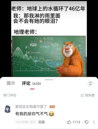 这是一张搞笑反差类网络梗图，采用图文混排形式：上方首先是文字对话，老师在地理课上讲解地球上的水循环已经进行了46亿年，学生突然跳出知识点，伤感提问自己淋的雨里会不会有前任的眼泪，紧接着用国产动画《熊出没》里熊大站在写有水循环内容的黑板前、一脸无语的表情代入此时地理老师的反应；图的下半部分截取了该内容的B站评论区界面，热门评论用无厘头的“有我的尿你气不气”搭配笑哭表情，直接打破前文的伤感氛围，形成极强的喜剧效果。