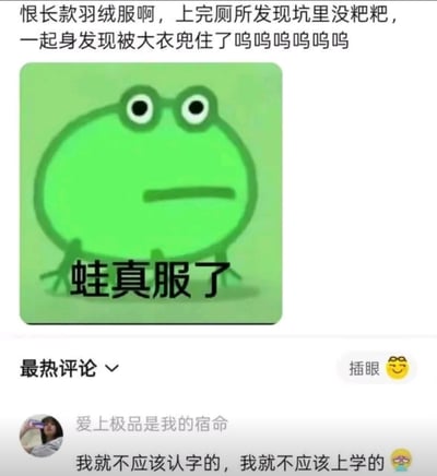 这是一张图文结合的搞笑梗图，上方文字描述了一个尴尬场景：穿长款羽绒服上完厕所，起身时被大衣兜住的糗事。中间是一只绿色卡通青蛙，表情呆滞无奈，下方配有"蛙真服了"的文字。最底部显示了一条热门评论："我就不应该认字的，我就不应该上学的"，表达了看完内容后的搞笑懊悔。整体风格轻松幽默，用青蛙形象和生活化场景引发共鸣。