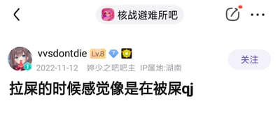 这是一张百度贴吧的帖子截图，来自“核战避难所吧”，用户“vvsdontdie”（等级Lv.8，IP属地湖南，同时是“婷少之吧”吧主）在2022年11月12日发布了一条奇葩吐槽：“拉屎的时候感觉像是在被屎qj”，用极其夸张粗俗的表述来形容拉屎时的难受体验，风格搞笑离谱，没有双关、谐音梗等内容。
