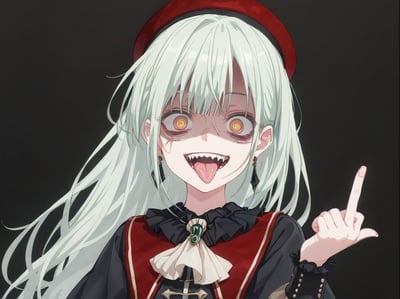 这是一张AI生成的二次元风格插画，画面主体是一位银白长发的原创少女角色。她头戴红色贝雷帽，身着带有复古欧式风格的服饰：黑色内搭上衣外搭红色马甲，领口配有黑色荷叶边与镶嵌绿色宝石的米白色领结。少女神态癫狂亢奋，眼白泛黄、眼周带有深色晕染，瞪大双眼，口中露出尖锐的锯齿状牙齿，舌头吐出；左手比出食指竖起、拇指和小指张开的挑衅手势。深灰色的简洁背景进一步凸显出人物诡异、病娇的怪异气质，整体画面风格强烈，充满暗黑二次元的独特氛围。