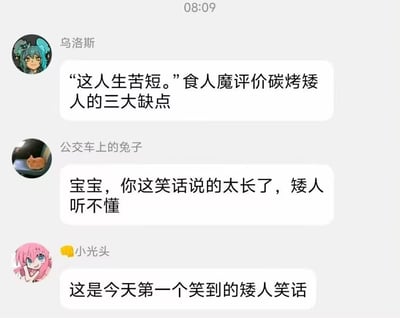 这是一段群聊对话截图，内容围绕矮人冷笑话展开：
1. 乌洛斯抛出冷笑话：“‘这人生苦短。’食人魔评价碳烤矮人的三大缺点”
2. 公交车上的兔子接梗玩谐音反差：“宝宝，你这笑话说的太长了，矮人听不懂”
3. 小光头表示被这个笑话逗笑。

谐音梗解析：食人魔的“人生苦短”暗指碳烤矮人的三个缺点：个子矮（短）、味道苦（苦）、未烤熟（生）；而“笑话说的太长了，矮人听不懂”则是利用“长”与“矮”的反义反差制造笑点，属于冷笑话的玩梗方式。