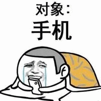 图片中是一个卡通风格的光头男性角色，他双眼含泪，嘴巴微张，一只手捂着脸，呈现出明显的哭泣表情。角色上方有两行黑色文字“对象：手机”，整体构图简洁，通过夸张的哭泣表情和文字结合，幽默地表达了对手机的高度依赖，仿佛手机已成为生活中不可或缺的“对象”。