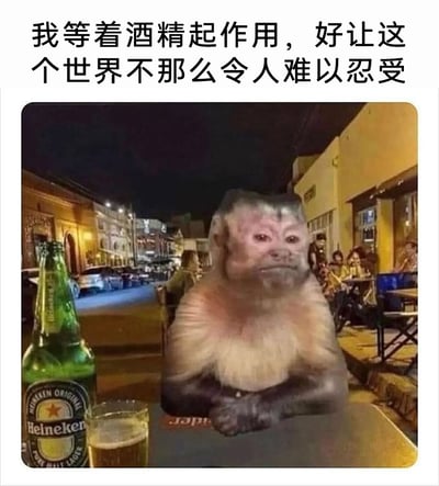 这是一张网络合成的静态表情包，画面将一只神态落寞、眼神黯淡的猴子图像合成到夜晚的户外街边酒吧场景中，猴子双臂交叉坐在餐桌前，面前摆放着一瓶喜力啤酒和一杯倒好的酒，背景是热闹的街景与休闲的人群，和猴子的郁闷神态形成鲜明反差。图片上方配文“我等着酒精起作用，好让这个世界不那么令人难以忍受”，通过拟人化的手法，精准表达出当代人在面对生活压力与精神疲惫时，想借酒精暂时逃避现实、缓解内心烦闷的情绪，容易引发大众的情绪共鸣。