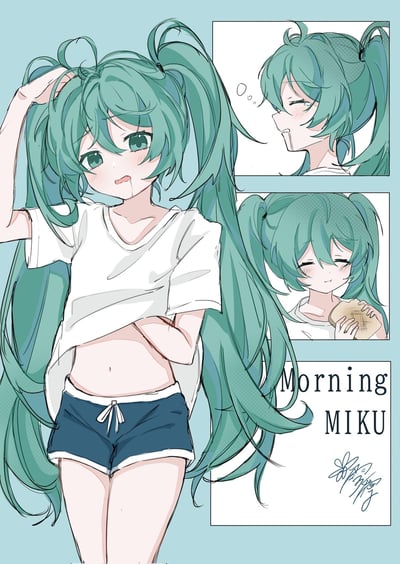 这是一幅虚拟歌手初音未来的原创同人插画，采用多图拼接的形式展现她的清晨日常：主画面里初音穿着简约白T恤与深蓝色短裤，揉着头发，眼神迷糊，嘴角还挂着口水，带着刚起床的慵懒感；右上角分镜中她闭着眼睛打哈欠，满脸困倦；右下角分镜里她拿着面包，神情满足又慵懒。整体画风清新柔和，将角色清晨的迷糊可爱感刻画得十分生动。