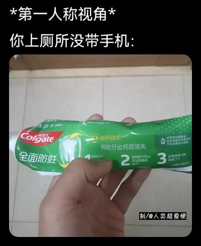 这是一张带有幽默配字的梗图，用第一人称视角拍摄，描述了如厕时没有带手机的无聊场景。手中拿着挤压变形的高露洁牙膏，暗示无聊到只能把日常用品拿来消遣。这种对比凸显了现代人对手机的依赖，也让大家产生共鸣：没手机在手的厕所时光变得异常难熬。配字简明直白，笑点集中于尴尬的生活细节。图片没有涉及谐音梗、双关或明显的暗示内容，属于纯生活幽默。