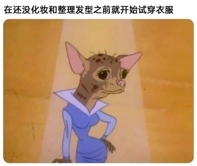 这是一张搞笑吐槽类的二次创作P图，图片顶部配有文字“在还没化妆和整理发型之前就开始试穿衣服”，图中核心是一个拟人化的卡通角色：它有着毛发稀疏、皮肤带有斑点纹路的邋遢动物头部，却穿着一套版型精致的蓝白领边套装，单手叉腰站在聚光灯下，神态局促不自在。这张图通过精致服装与邋遢仪容的强烈反差，生动调侃了人们在未打理好自身仪容时就着急试穿衣服，觉得自己状态糟糕、和精致服饰不匹配的尴尬窘迫心情，精准戳中日常穿搭时的真实小烦恼，用夸张的卡通形象放大了这种反差带来的搞笑感。