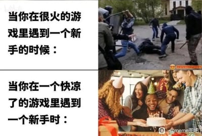 这是一张上下分栏的对比类meme图，通过两种极端反差的场景，调侃游戏圈里不同热度游戏对新手的差异化待遇。上半部分配文“当你在很火的游戏里遇到一个新手的时候：”，对应的画面是一群人持械围殴倒地的人，生动表现出热门游戏玩家基数大、竞争激烈，新手往往会被老玩家“虐菜”，处境窘迫；下半部分配文“当你在一个快凉了的游戏里遇到一个新手时：”，对应的画面是一群人满脸笑容地围着中心人物，共同举着插有蜡烛的生日蛋糕庆祝，表现出冷门游戏玩家稀少，新手的出现会被老玩家视为珍贵的新鲜血液，受到如同迎接“稀客”般的热烈欢迎，夸张地凸显出两种场景的反差感。