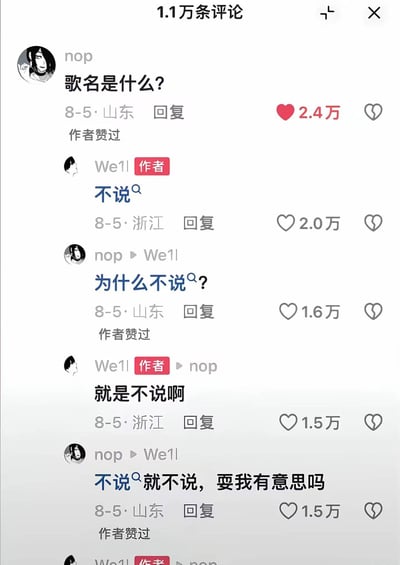 这是一段竖屏手机格式的社交媒体评论区截图，展示了用户nop和作者We1l之间的搞笑对话：nop询问作者歌曲的名字，作者回复‘不说’，nop误以为作者故意不告知歌名，接连追问并表达不满，实际上‘不说’就是该歌曲的名字，形成了谐音梗的搞笑效果，对话的每条回复都获得了大量点赞，充满趣味性。

谐音梗说明：‘不说’既是作者的回复，也是歌曲的名称，造成了nop的误会，产生笑点。