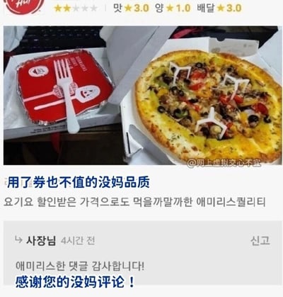 这是一张社交媒体截图，内容是一起跨语言的外卖评价乌龙事件。图中上方展示了外卖的三项评分：味道3.0分、分量1.0分、配送3.0分，旁边是送达的披萨和配套餐具盒，披萨卖相一般，配料分布不均，饼边状态看起来较差。下方是用户的评价，用户将韩语“에미리스퀄리티”（emiri quality，指品质差）谐音成中文脏话“没妈品质”进行吐槽，而商家回复的韩语“애미리스한 댓글 감사합니다!”被翻译成“感谢您的没妈评论！”，商家并未理解到用户的谐音骂人意，反而将这个谐音词汇当成正常表述进行感谢，从而制造出了搞笑的乌龙效果。