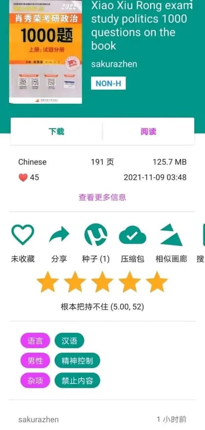 这是一张竖屏手机格式的资源网站截图，展示了用户上传的2022版肖秀荣考研政治1000题上册试题分册的电子版资源，资源信息显示该文件为中文，共191页，大小125.7MB，获得了45个点赞，上传时间为2021年11月9日，资源获得满分五星评分，评分评语为“根本把持不住”。该考研政治习题资源被网站错误打上了“男性-精神控制”“杂项-禁止内容”的离谱分类标签，和原本正经考研资料的属性完全不符，形成了充满反差的搞笑效果。