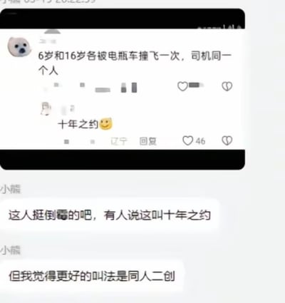 这张图片由两部分社交媒体内容拼接而成，上半部分是某社交平台的评论区截图，有匿名用户发文分享自己的离奇经历：6岁和16岁的时候分别被电瓶车撞飞一次，两次的肇事司机是同一个人，下方有其他用户回复调侃这一巧合为“十年之约”并配上微笑表情；下半部分是聊天记录截图，用户“小熊”先是评价该经历的当事人十分倒霉，提及网络上有人将这件事戏称为“十年之约”，随后又玩ACG圈子的术语梗，称更合适的叫法是“同人二创”，用二次创作的概念调侃同一肇事者、同一被撞者相隔十年再次发生相同事故的巧合，笑点十足。