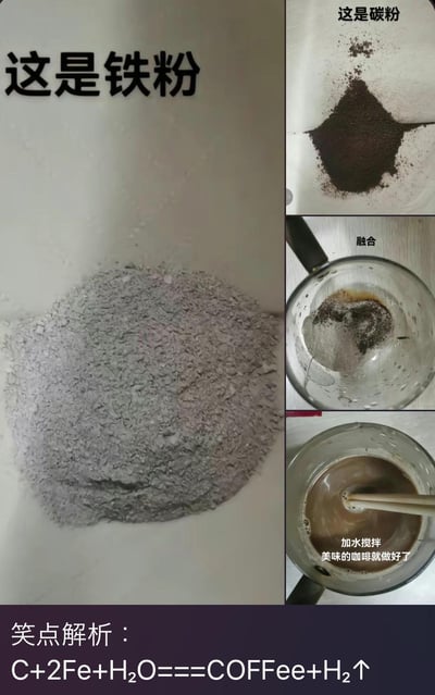 这是一张玩化学元素谐音梗的搞笑实拍图，左侧展示灰色的铁粉，右侧分三步呈现“制作咖啡”的过程：第一步展示深褐色碳粉，第二步将铁粉和碳粉放入容器中，第三步加水搅拌后得到类似咖啡的液体，配文称“美味的咖啡就做好了”。底部的笑点解析用化学方程式C+2Fe+H₂O===COFFee+H₂↑，巧妙地将碳（C）、铁（Fe）等元素符号组合成英文“Coffee（咖啡）”的拼写，用化学合成的荒诞创意制造搞笑效果，把普通的粉末“变成”咖啡，充满脑洞。