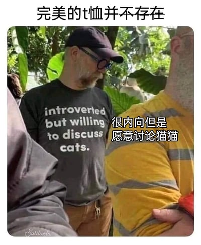 这是一张带有文字注释的实拍街头照片，画面主体是一位戴着深色棒球帽和黑框眼镜的老年男性，他穿着一件黑色T恤，T恤上印有英文标语“introverted but willing to discuss cats.”，网友为其配上了精准的中文翻译“很内向但是愿意讨论猫猫”，图片顶部还添加了文字“完美的t恤并不存在”，以此调侃这件T恤精准戳中了内向却热爱猫咪的人群的社交状态：日常社交中偏向内向，但只要话题涉及猫咪就愿意积极交流。画面右侧能看到另一位穿着黄灰条纹上衣、手臂交叉的人，背景是充满绿植的户外环境，左下角还有“Susiluola”的水印，整体氛围轻松幽默，引发了大量同类人群的共鸣。