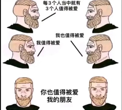 图片中六个相同的胡子男头像呈圆形排列，每个头像旁配有不同的文字标语。上方文字为“每3个人当中就有3个人值得被爱”，中间分别有“我也值得被爱”“我值得被爱”，底部文字为“你也值得被爱 我的朋友”。整体风格为简洁的卡通手绘风，通过重复的人物形象和递进的文字传递每个人都值得被爱的积极理念。