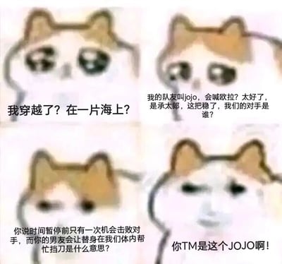 这是一张四格连环的文字加注表情包，使用了网络流行的悲伤猫（mur猫）卡通形象，通过四格文字的递进制造强烈的反差笑点：第一格中猫咪露出疑惑的表情，配文“我穿越了？在一片海上？”，营造出穿越到陌生场景的迷茫感；第二格猫咪眼神变得充满期待，配文“我的队友叫jojo，会喊欧拉？太好了，是承太郎，这把稳了，我们的对手是谁？”，这里利用《JOJO的奇妙冒险》粉丝的惯性认知——空条承太郎是系列高人气角色，经典台词为“欧拉”，拥有能时间暂停的强大替身白金之星，所以粉丝会默认有他在战局就很稳妥；第三格猫咪表情转为困惑凝重，配文“你说时间暂停前只有一次机会击败对手，而你的男友会让替身在我们体内帮忙挡刀是什么意思？”，信息开始偏离对承太郎的固有印象；第四格猫咪露出崩溃无语的表情，配文“你TM是这个JOJO啊！”，反差感拉满，原来这个JOJO是空条徐伦——《JOJO的奇妙冒险：石之海》的主角，承太郎的女儿，作为系列首位女性JOJO，她的剧情风格和战斗处境与承太郎的强大可靠形成鲜明反差，让原本期待靠谱队友的心态瞬间崩塌，制造出强烈的喜剧效果。