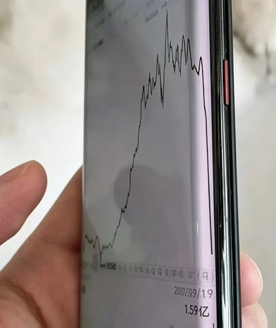 这是一张实拍的手持曲面屏手机的照片，手机屏幕上显示着股票类走势K线图，K线先逐步攀升到高位后出现震荡，随后出现大幅下跌的走势，刚好下跌的线段处于手机曲面边缘的位置，巧合形成了K线直接跌出屏幕之外的趣味视觉错位效果，常被用来调侃投资标的价格大幅跳水的情况。