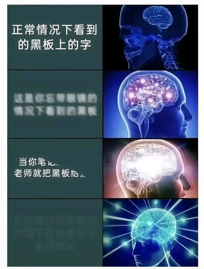 一张3x2的多图拼接梗图，左侧三栏为文字描述，右侧对应不同大脑状态的示意图。从上到下分别展示：正常情况下看到黑板字时的清晰大脑、努力想看清模糊黑板字时的活跃大脑、以及当笔没跟上老师擦黑板时的‘宕机’大脑，用夸张的脑区发光效果幽默表现学生上课时的真实困境。