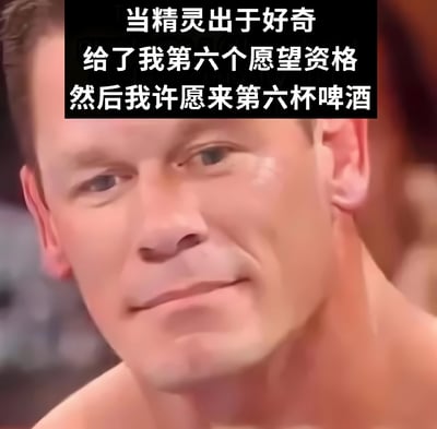这是一张幽默梗图，展示了一个男人的面部特写，他带着微妙的微笑表情。图片上方有一段文字：'当精灵出于好奇给了我第六个愿望资格然后我许愿来第六杯啤酒'。这个梗玩了精灵许愿的经典套路，通常精灵只会给三个愿望，而这里获得了第六个愿望资格，却被用来换取第六杯啤酒，用荒诞的反差制造幽默效果。