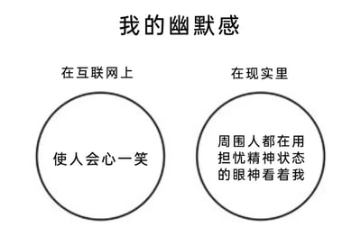 这张图通过左右两个圆圈的对比，展示了一个人在互联网和现实中幽默感的差异。左边圆圈标注‘在互联网上’，内容为‘使人会心一笑’，表示在网络上的幽默能得到他人的理解和认可；右边圆圈标注‘在现实里’，内容为‘周围人都在用担忧精神状态的眼神看着我’，暗示现实中的幽默可能不被理解，甚至让他人担心自己的精神状态。整体风格简洁，用对比的方式传达出一种无奈又搞笑的情绪。