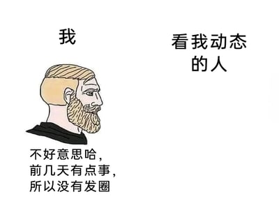 这是一张采用视觉错位效果的图文混排梗图，使用经典的双向人脸错觉插画，通过左右标注区分视角：左侧标注“我”，下方配文是停更后的致歉内容“不好意思哈，前几天有点事，所以没有发圈”；右侧标注“看我动态的人”，用这种趣味的双向视角形式，模拟社交平台博主停更后向关注自己动态的好友、粉丝解释的场景，既幽默又接地气，适合用来在社交平台和关注者互动，缓解停更后的小尴尬。