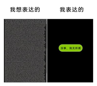 这是一张左右分栏的静态对比图，精准呈现了情绪表达的反差感：左侧区域上方标注“我想表达的”，下方是密密麻麻填满整个区域的文字，象征着内心积压了大量复杂的情绪、思绪与未说出口的感受；右侧区域上方标注“我表达的”，黑色背景中仅有一个绿色对话框，里面写着“没事，我无所谓”。这张图生动刻画了很多人在人际交往、生活场景中，明明内心情绪翻涌，却习惯用看似不在意、无所谓的简短话语来掩盖真实想法的状态，极易引发有情绪内耗、不善表达真实感受人群的共鸣。