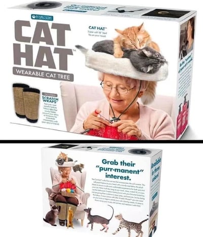 图片展示了一款名为“CAT HAT WEARABLE CAT TREE”（猫咪帽子穿戴式猫爬架）的产品包装盒。盒子正面印有一位 elderly woman 戴着一顶白色毛绒帽子，帽子上趴着两只猫咪——一只橘猫和一只灰猫，它们都闭着眼睛似乎在睡觉。包装盒左上角有品牌标识“PetPressions”，正面大字写着“CAT HAT”和副标题“WEARABLE CAT TREE”。旁边标注产品特点“Super soft 18' bed fit over your head!”（超柔软18英寸床，可戴在头上）。盒子侧面还展示了“Scratch Wraps”（抓挠包裹物）的图片，标注为“100% natural sisal for healthy scratching”。图片下方是包装盒的另一角度，显示更多猫咪围绕在 woman 身边，旁边文字写着“Grab their 'purr-manent' interest.”（抓住它们“喵不可言”的兴趣），玩了“permanent”（永久的）和“purr”（猫咪咕噜声）的谐音梗。整体是一个幽默的宠物产品概念，让主人可以头顶猫床，方便猫咪随时趴在头上休息，而主人则可以进行编织等活动。