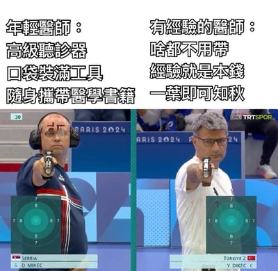 这是一张左右对比的搞笑梗图，通过巴黎2024奥运会射击比赛的两张运动员照片，幽默对比年轻医生和有经验医生的工作状态。左侧标注“年轻醫師”，配图为装备齐全的塞尔维亚射击运动员G. D. MIKEĆ（戴耳机、瞄准镜等），文字描述其“高級聽診器 口袋裝滿工具 隨身攜帶醫學書籍”；右侧标注“有經驗的醫師”，配图为装备简洁的土耳其射击运动员Y. DIKEC，文字描述其“啥都不用帶 經驗就是本錢 一葉即可知秋”。两张图下方的靶纸成绩相似，暗示经验与装备在效果上的等效性。