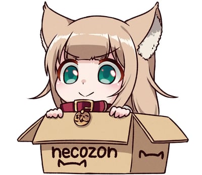 一只可爱的猫耳少女从一个印有"necozon"字样的纸箱中探出头来。她有着浅棕色的长发、尖尖的猫耳和明亮的绿色大眼睛，脸颊泛着红晕，嘴角微微上扬，露出开心的表情。少女戴着红色的项圈，上面挂着一个圆形的名牌。纸箱上除了"necozon"字样外，还画着两个猫脸表情符号(^・ω・^)。整体画面风格可爱治愈，充满了二次元动漫的特色。