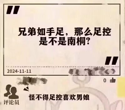 这是一张模仿社交媒体帖子制作的梗图，主内容玩了无厘头的谐音梗：借助俗语“兄弟如手足”，将“足控”群体和“男同（用谐音‘南桐’指代）”强行关联制造搞笑效果；下方评论区的评论“怪不得足控喜欢男娘”进一步延伸了这个荒诞的搞笑逻辑。
- 谐音梗说明：“南桐”是“男同”的谐音，通过文字谐音玩梗，把足控和男同进行无逻辑关联，属于网络常见的趣味脑洞内容。
