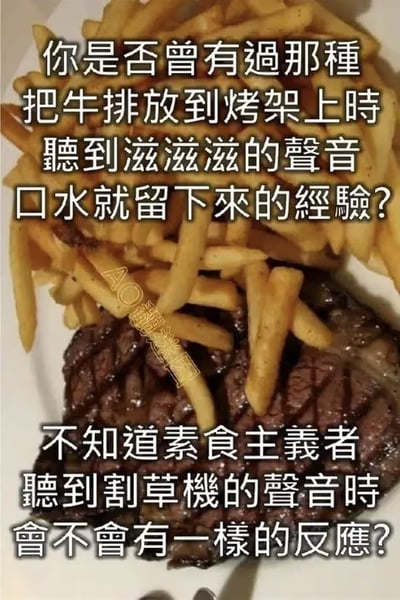 图片主体是一盘烤牛排配薯条，牛排表面有烤痕，薯条金黄酥脆。图片上方和下方覆盖着两行中文文字，上方文字描述人们将牛排放到烤架上时，听到滋滋声会流口水的常见经验，下方文字则幽默地反问素食主义者听到割草机声音时是否会有同样的反应，通过声音联想制造反差笑点。
