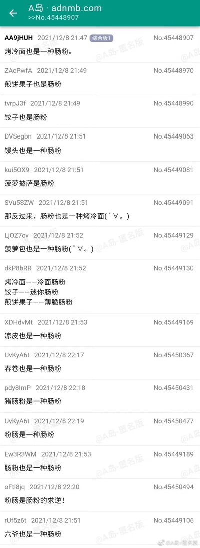 这是A岛匿名论坛综合版的一则帖子截图，楼主于2021年12月8日提出“烤冷面也是一种肠粉”的无厘头观点后，其他网友纷纷跟风玩梗，将煎饼果子、饺子、馒头、菠萝披萨、凉皮、春卷等各类中式、西式食物都调侃为“肠粉”，还衍生出反向定义“肠粉也是一种烤冷面”、给食物起肠粉类别名、玩文字梗“粉肠是肠粉的求逆”等内容，甚至出现“六爷也是一种肠粉”的跨界玩梗，整个帖子充满了网友的趣味互动，用打破常规的食物定义制造出轻松搞笑的氛围。
