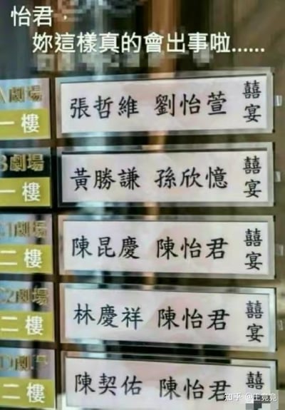 这张图展示了一个场所的婚宴指引标识牌，上面标注了不同剧场楼层对应的新人婚宴信息。其中“陈怡君”这个名字同时出现在三场不同的婚宴中，分别与陈昆庆、林庆祥、陈契佑搭档，顶部配有文字“怡君，妳這樣真的會出事啦......”，用夸张荒诞的方式玩梗，调侃这位叫陈怡君的人同时和三位男士举办婚宴，制造出搞笑的效果，引发趣味调侃。