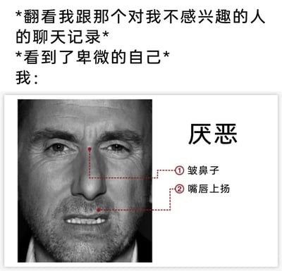 这是一张图文结合的表情包，上方文字构建了一个情感场景：当“我”翻看自己和对自己不感兴趣的人的聊天记录，看到自己在这段关系里的卑微姿态后，生出了强烈的自我厌恶情绪。下方是一张黑白真人面部特写图，通过标注的方式清晰指出“厌恶”表情的两个关键特征：皱鼻子、嘴唇上扬，将抽象的情绪具象化，精准传递出对曾经那个卑微的自己的反感与嫌弃，能够让有过类似不对等社交经历的人产生强烈的情感共鸣。