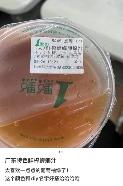 这是一张网友恶搞的一点点奶茶实拍图，用户将珠海科技学院店的葡萄柚绿果茶订单标签上的饮品名称，修改为极具冲击力的‘鲜榨蟑螂卵原汁’，搭配这款果茶偏浑浊的浅棕色泽，形成荒诞搞笑的反差效果。图下方配文表示自己很喜欢一点点的葡萄柚绿，觉得这个DIY的恶搞名字和饮品颜色十分适配，充满趣味。