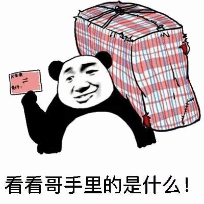 图中是一个卡通熊猫头人身形象，脸部为人类的得意笑容，背着红白格子的大包袱，右手高举一张红色卡片，卡片上写有“惊喜不？”字样，图片底部配有文字“看看哥手里的是什么！”。整体风格幽默戏谑，通过夸张的表情和动作营造出炫耀、调侃的氛围，常用于网络社交中以轻松的方式展示某物或制造惊喜感。