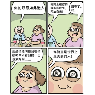 这是一幅四格卡通幽默漫画，场景设定在浪漫的烛光晚餐中：第一格，男士握着女士的手，激动地夸赞“你的双眼如此迷人”；第二格，男士继续深情告白“我完全被你的眼神所吸引，无法自拔！”，女士则害羞地回应“别夸了...我...”；第三格，男士感慨“要是你能明白我在你眼神中所看到的一切该多好啊......”，女士面带甜蜜微笑；第四格是反转的核心，镜头拉近女士的眼睛，显示出她的瞳孔里映出的是男士自己的样子，原来男士沉迷的是自己在女士眼中的倒影，最后男士的告白“你简直是世界上最美丽的人”也因此充满了搞笑的反差感，用视觉梗制造出幽默效果。