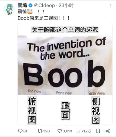 这是一张在微博发布的趣味玩梗图，发布者配文表示震惊于英文单词“Boob”居然对应胸部的三视图：字母B对应俯视图，两个O对应正面图，字母b对应侧视图，搭配中英文文案“关于胸部这个单词的起源”“The invention of the word...”，用视觉双关的方式制造笑点，属于伪科普类的创意玩梗内容，风格搞笑有趣。