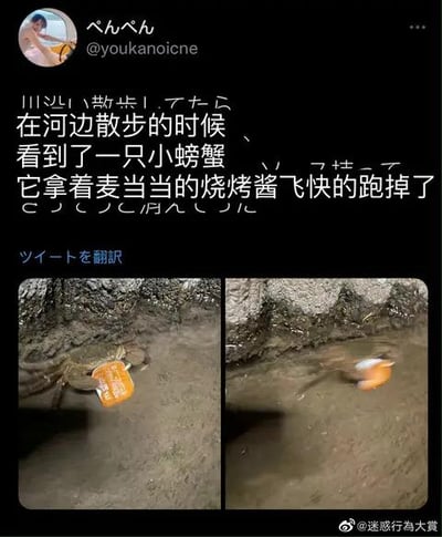 社交媒体截图中，用户"ぺんぺん"分享了在河边散步时的奇遇：一只小螃蟹竟用蟹钳夹着麦当劳橙色烧烤酱 packet，从左图的静态持酱状态到右图的飞速逃窜，画面生动有趣，充满意外的喜感。