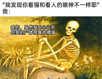 这是一张经过二次创作的搞笑表情包，画面主体是一具坐在户外石头上的骷髅，正亲昵地环抱着一只小猫，背景是生长着花草的自然环境。图片以对话形式呈现配文，他人提出“看猫和看人眼神不同”的疑问，“我”则用“内心已死但尸体很喜欢撸猫”的回答，以丧感又幽默的自嘲方式，精准表达了当代年轻人在疲惫的生活状态中，将撸猫作为精神慰藉的心态，既传递出对猫咪的极度喜爱，也宣泄了对日常的倦怠情绪。